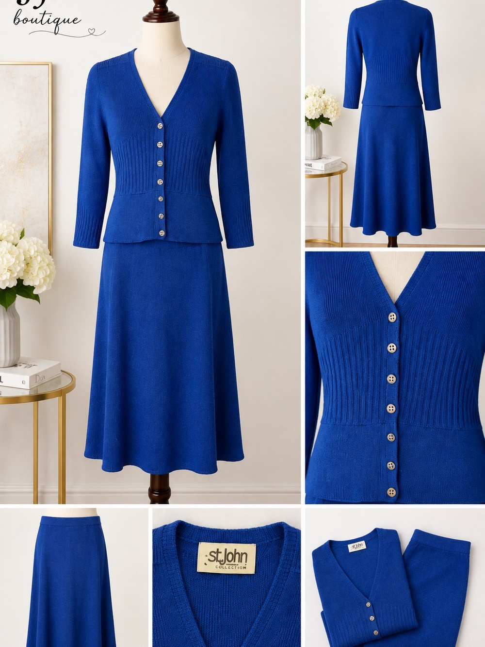 St. John Marie Gray Vintage Blue Knit 2-Piece Cardigan Skirt Set Silver Buttons